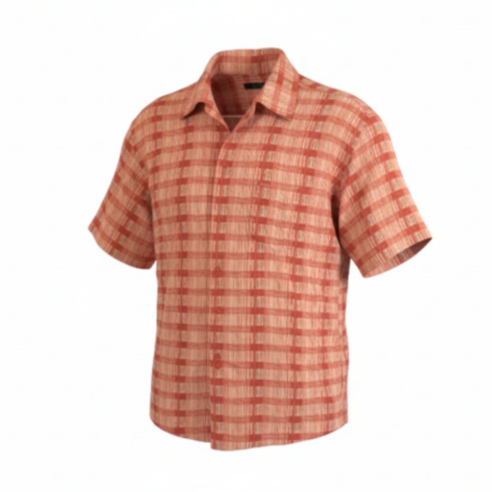 Michael Brandon Men’s Silk Shirt Size L Orange Plaid Short Sleeve Button Up Pock
